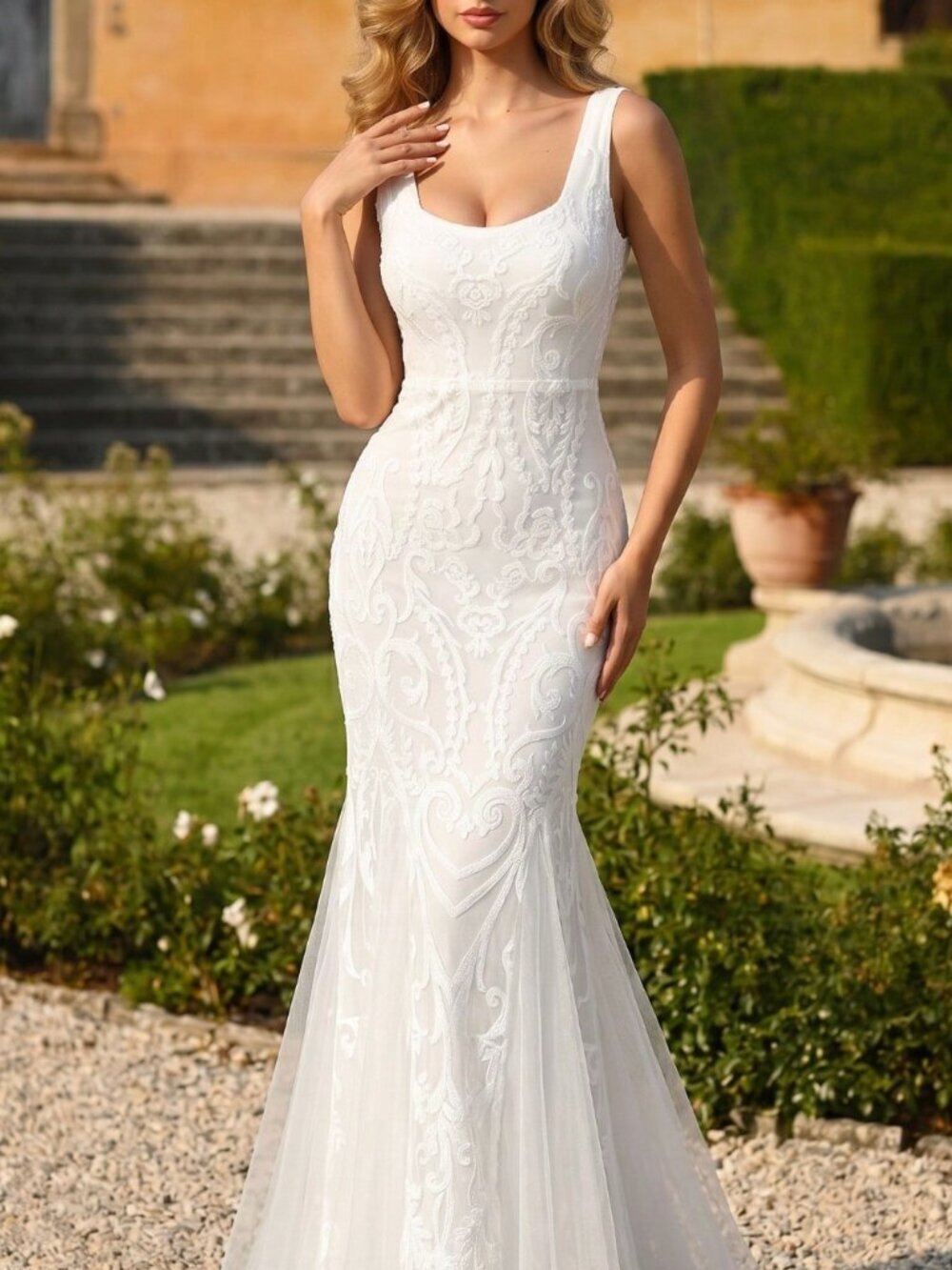 White Glamorous Women's Mermaid Hem Mesh Sequin Formal Gown